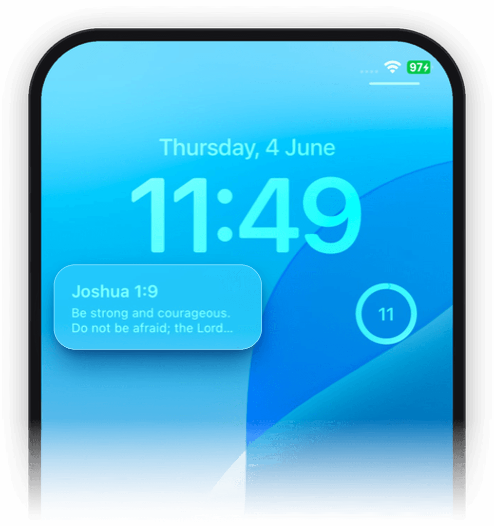 An iPhone lock screen showing Alma's daily Bible verse widget.